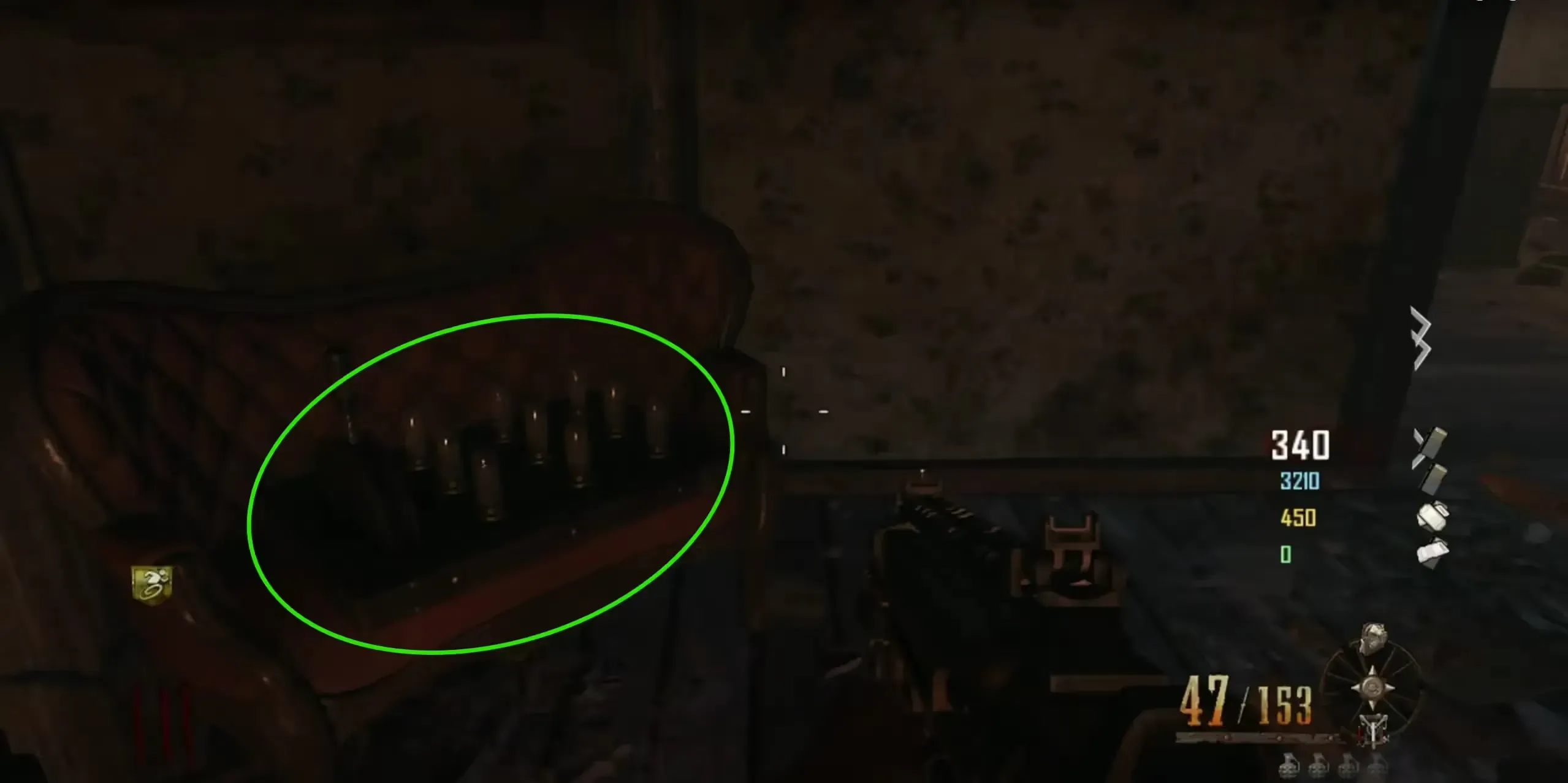 Nine-light switchboard on the mansion couch beyond the moving bookcase.
