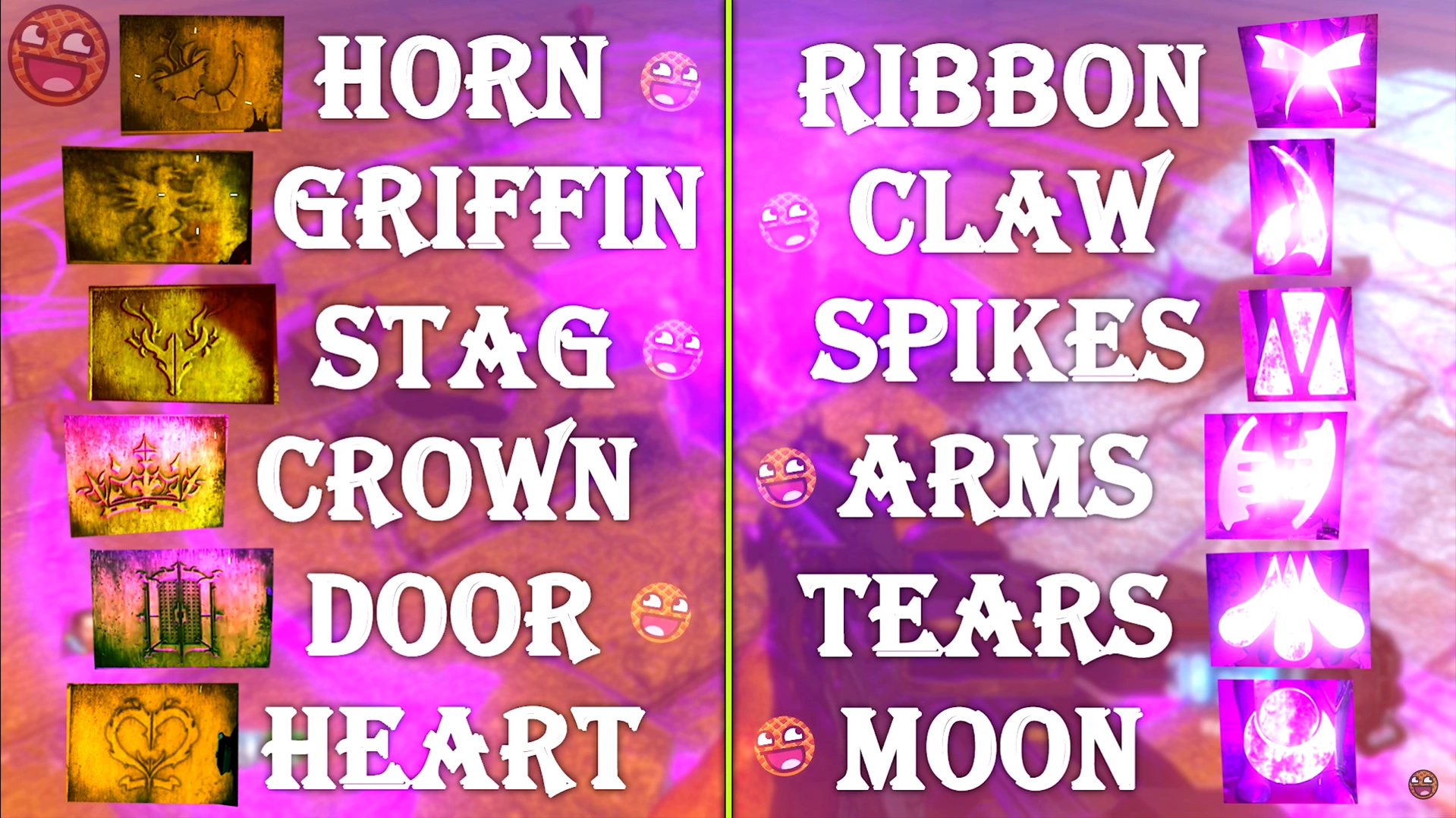 Knight emblems and the six possible glyphs. Chart credited to MrRoflWaffles in the source.