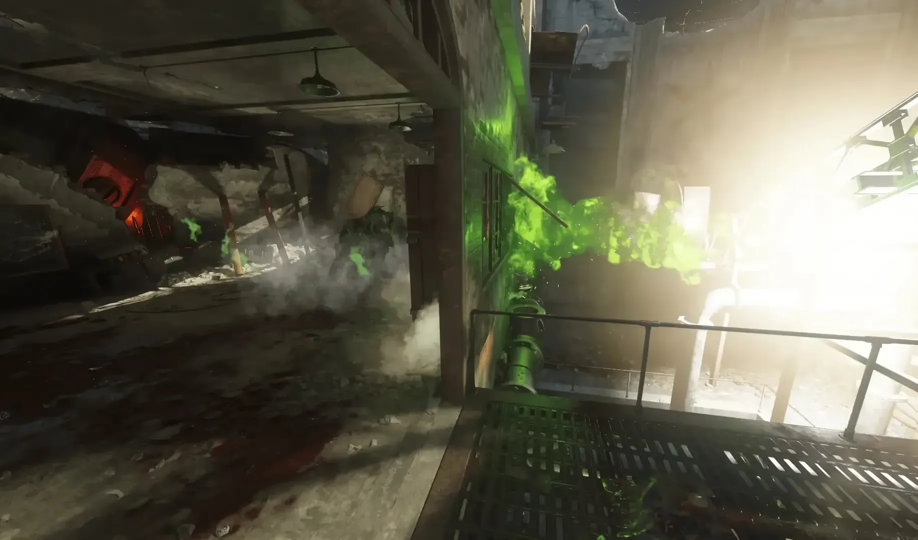 Shield-blast the pipe through the Tank Factory window.