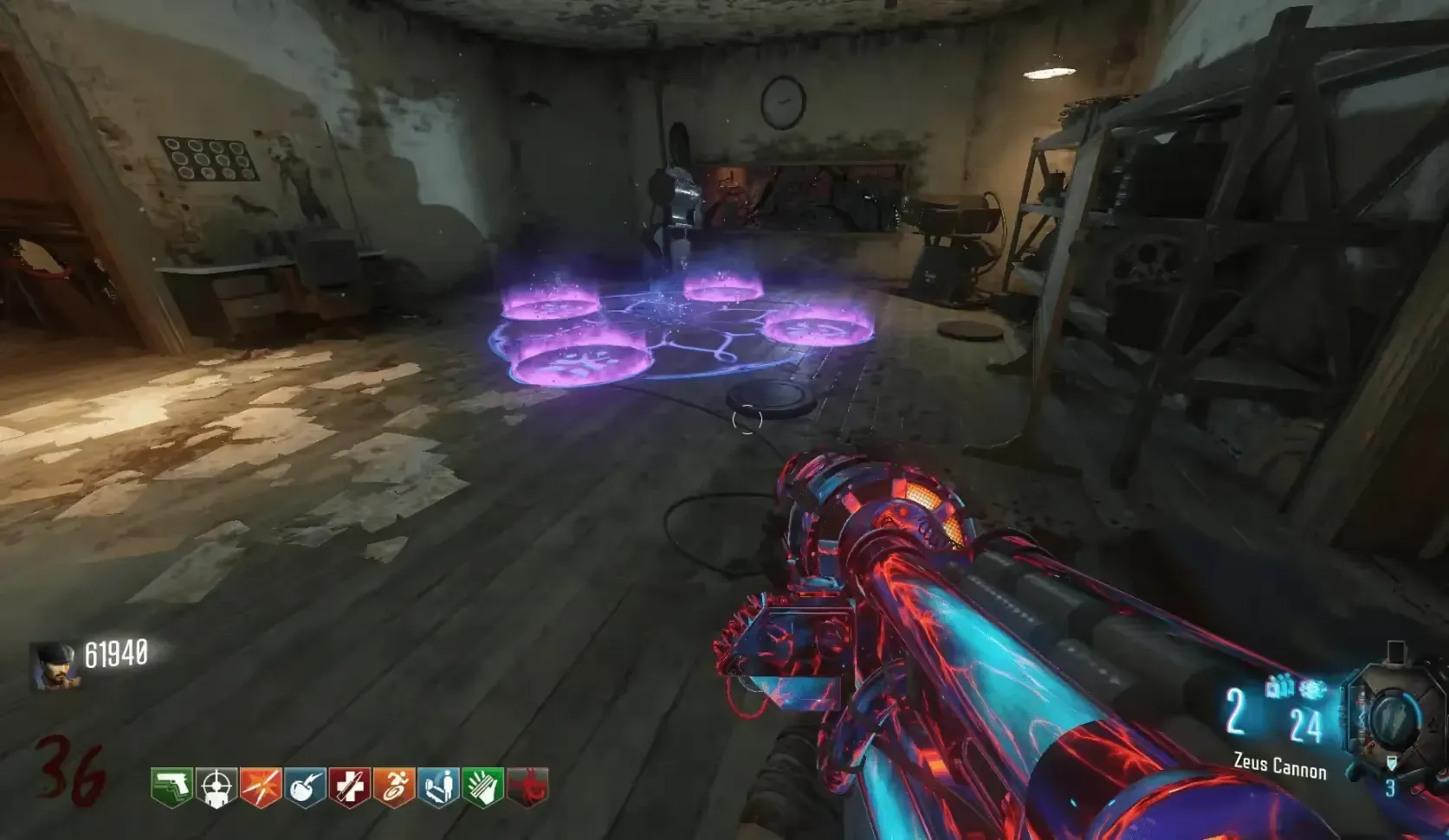 All players stand on the purple projection-room circle.