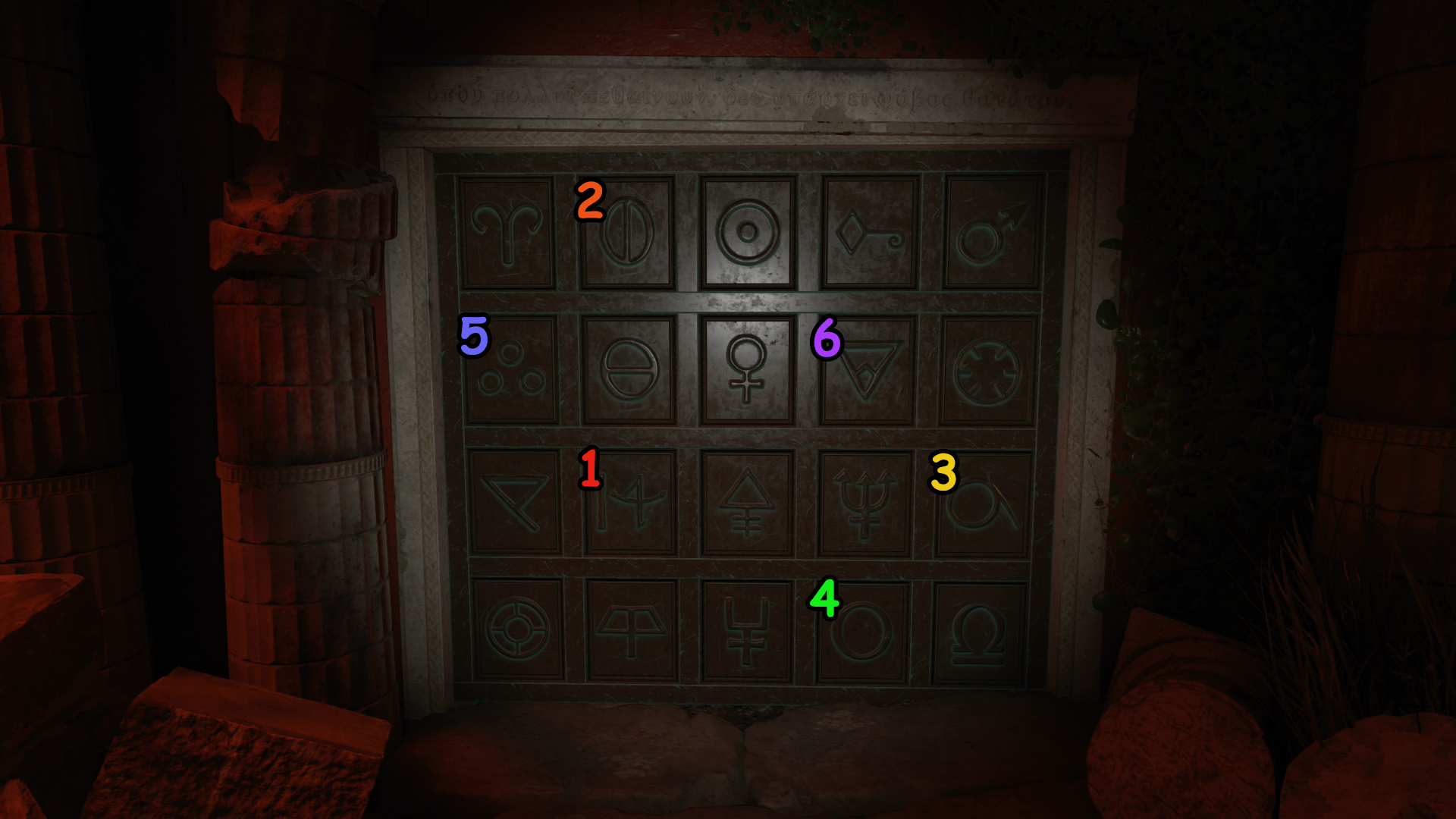 Authentic River of Sorrow door chart, with the six required panels numbered 1 through 6.