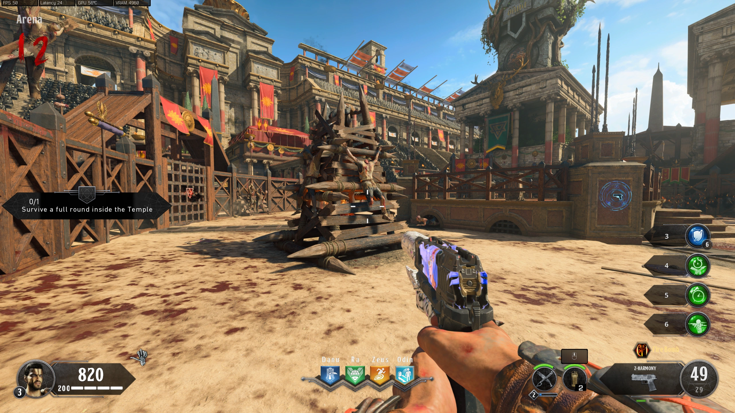 Bait a thrown axe into either Arena pyre.