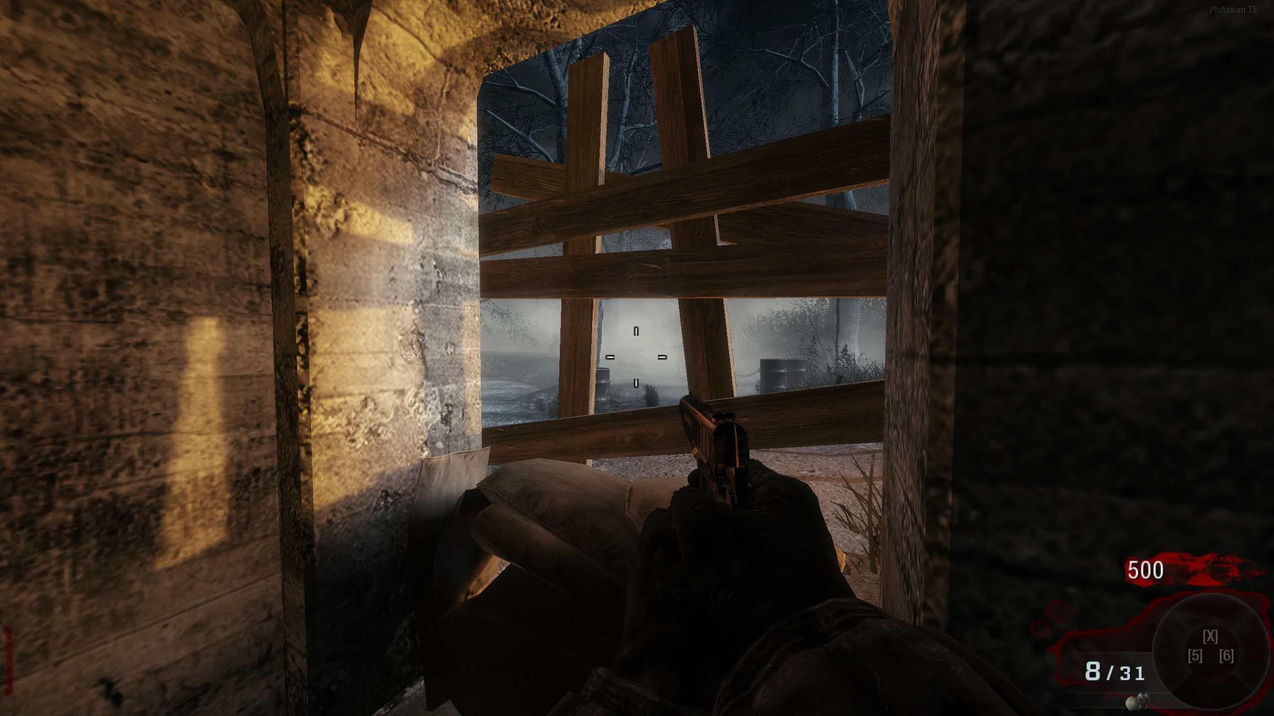 Outside window in back corner (window diagional from Mule Kick)