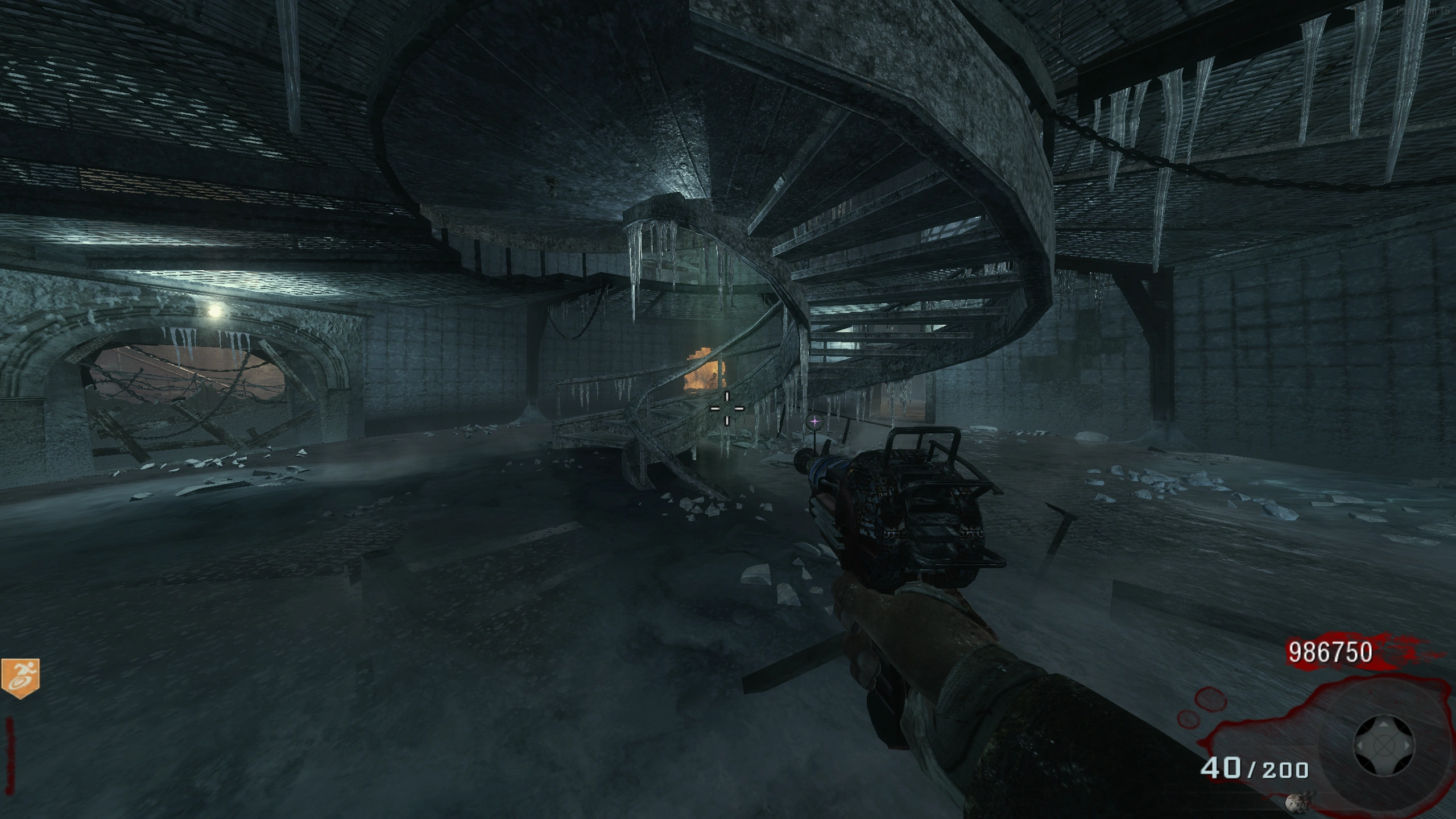The green beam rises through the lighthouse’s central stairwell.