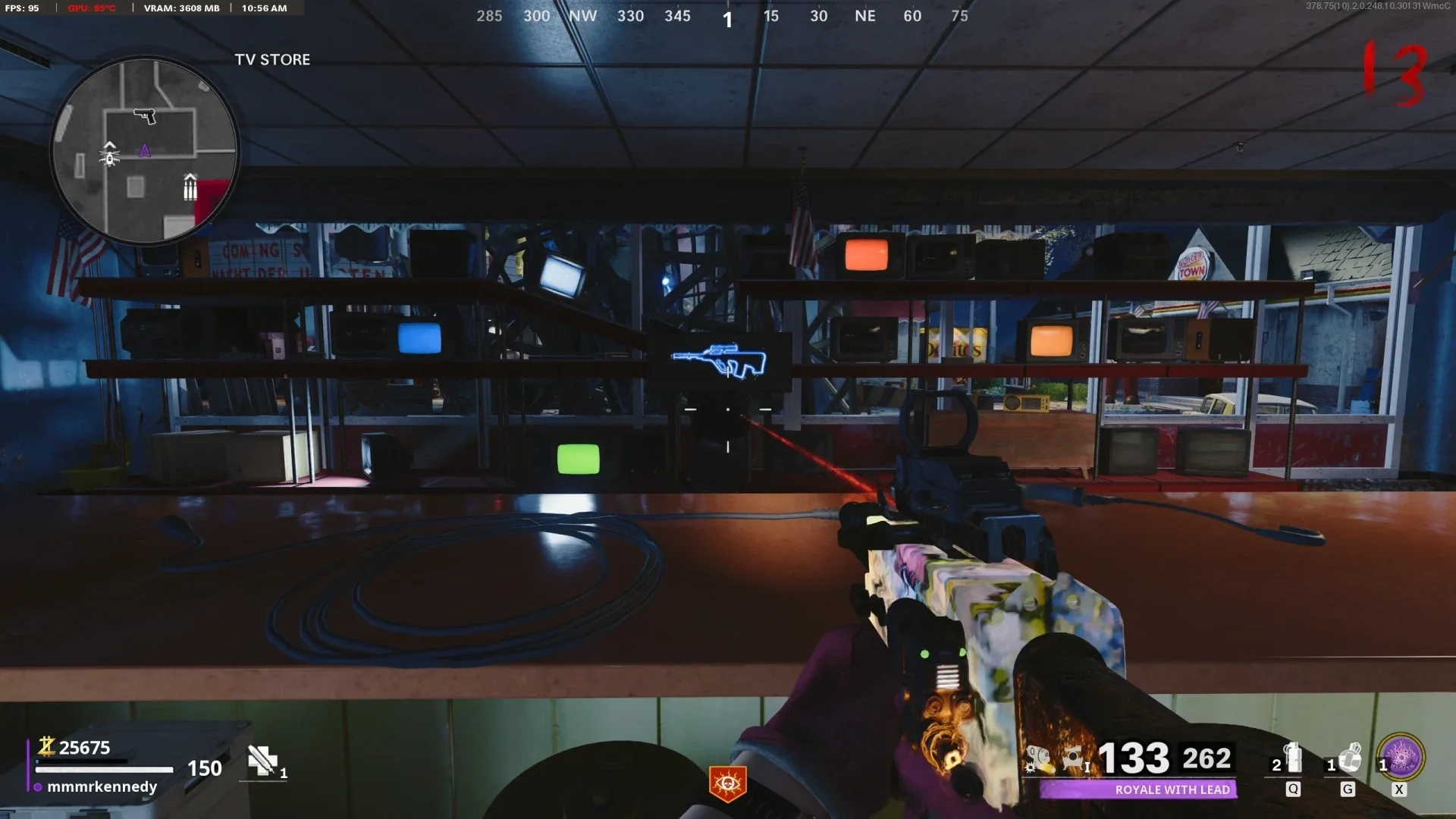 TV Store screens: blue left middle, green lower left, red upper right, orange right middle