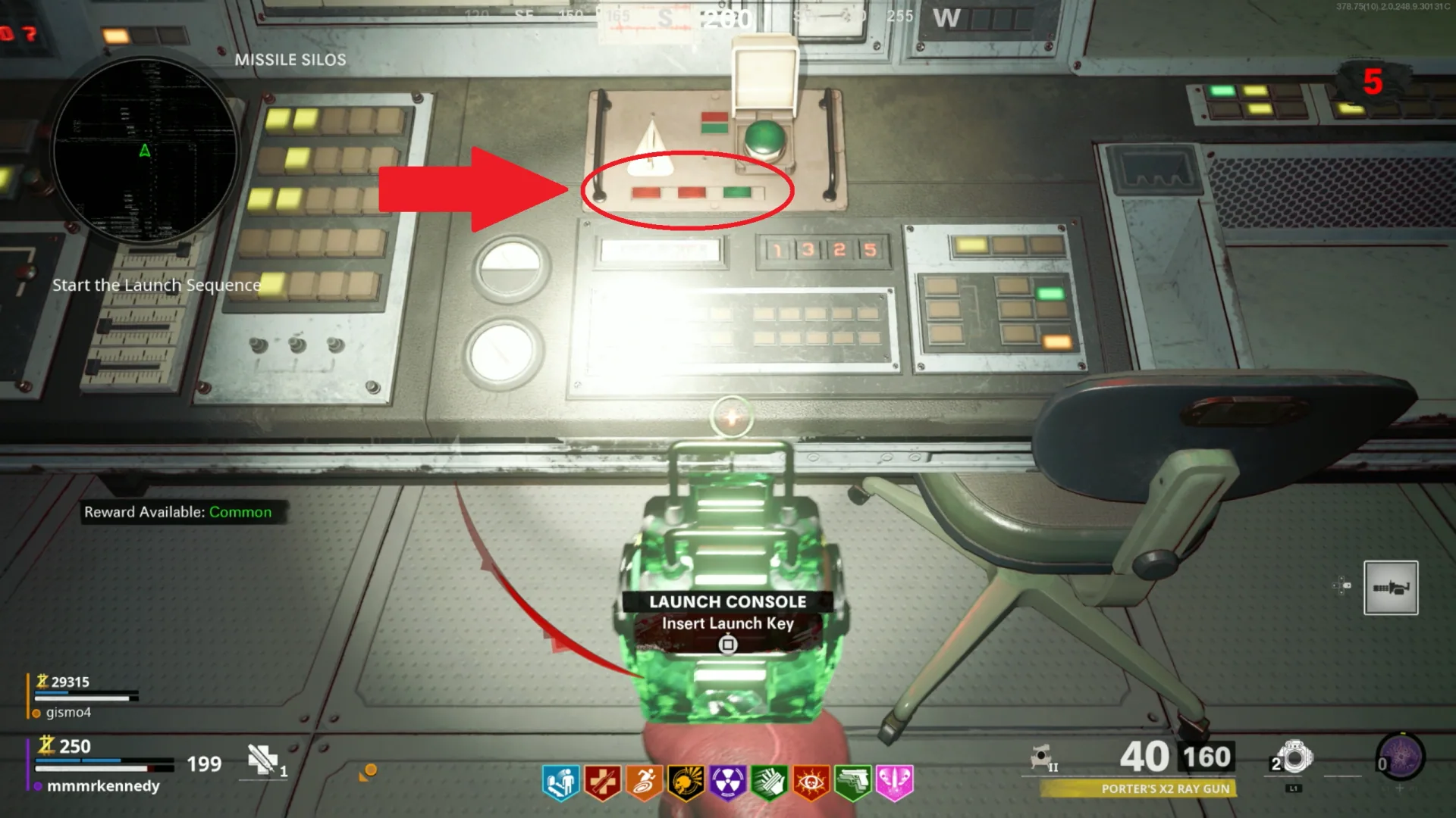 Launch console: inspect the small horizontal row of three lights below the key switch